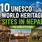 UNESCO World Heritage Sites Nepal featuring ancient temples, Buddhist stupas, Lumbini, a one-horned rhino in Chitwan, and the Himalayan mountains of Sagarmatha.