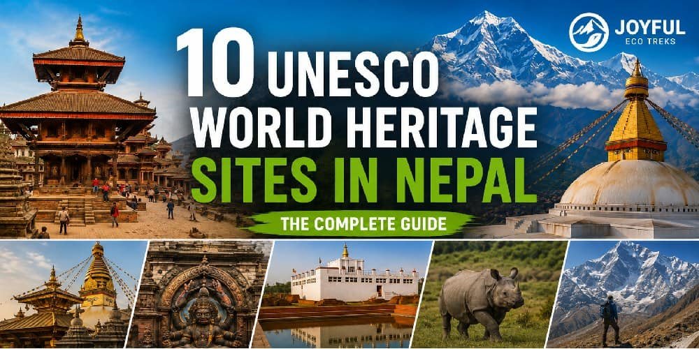 UNESCO World Heritage Sites Nepal featuring ancient temples, Buddhist stupas, Lumbini, a one-horned rhino in Chitwan, and the Himalayan mountains of Sagarmatha.