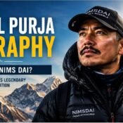 Nirmal Purja biography image showing Nims Dai in front of the Himalayan mountains