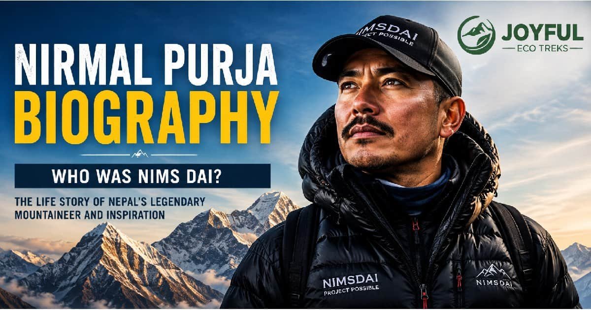 Nirmal Purja biography image showing Nims Dai in front of the Himalayan mountains