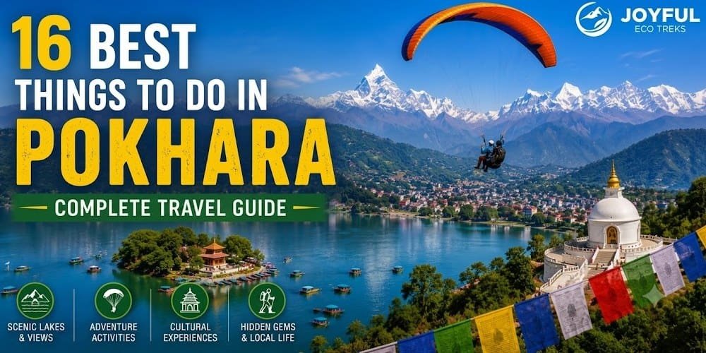 Best things to do in Pokhara featuring Phewa Lake, colorful boats, the World Peace Pagoda, Annapurna mountain views, and paragliding in Nepal.