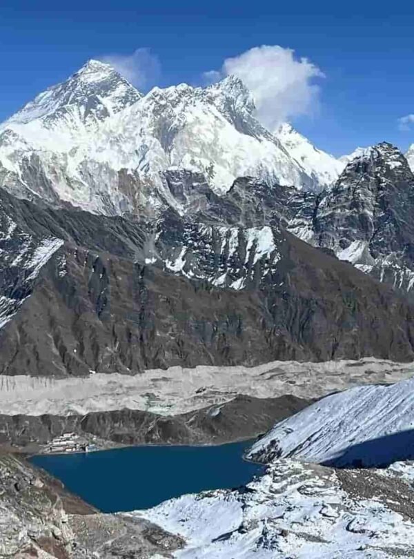 Snow-covered Himalayan peaks above a turquoise lake in the Everest region of Nepal