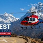 Everest helicopter tour cancellation guide featuring a helicopter flying above the Himalayan mountains near Mount Everest in Nepal.