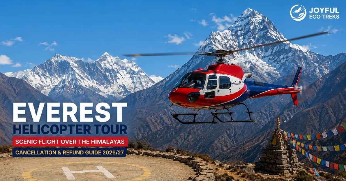 Everest helicopter tour cancellation guide featuring a helicopter flying above the Himalayan mountains near Mount Everest in Nepal.