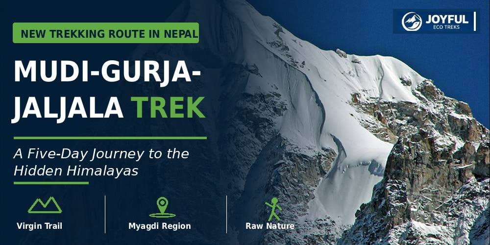 Mudi–Gurja–Jaljala Trek in Myagdi, Nepal, featuring a snow-covered Himalayan peak and a proposed five-day trekking route.