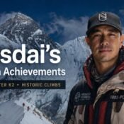 Nimsdai with Himalayan mountains representing his 14 peaks, winter K2, and historic climbing achievements