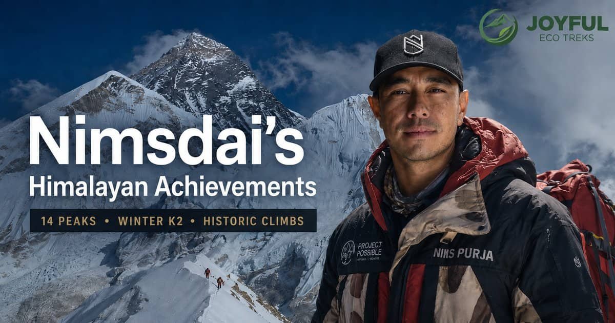 Nimsdai with Himalayan mountains representing his 14 peaks, winter K2, and historic climbing achievements