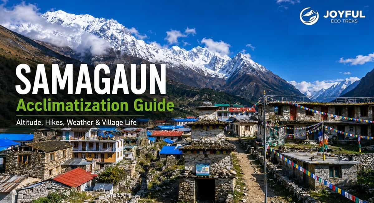 Samagaun acclimatization guide featuring the Himalayan village, stone houses, prayer flags, and snow-covered mountains along the Manaslu Circuit Trek.