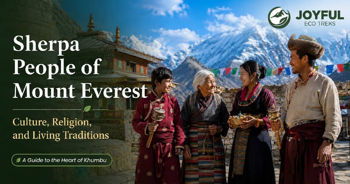 Sherpa people of Mount Everest in traditional dress near a Buddhist monastery with prayer flags and Himalayan peaks in Khumbu.