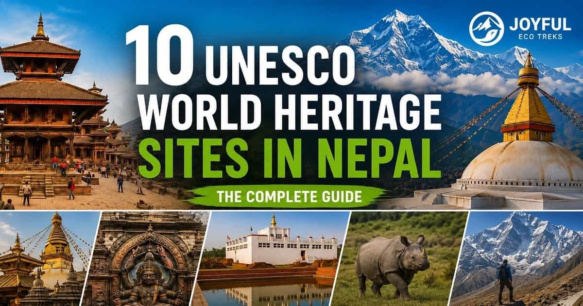 UNESCO World Heritage Sites Nepal featuring ancient temples, Buddhist stupas, Lumbini, a one-horned rhino in Chitwan, and the Himalayan mountains of Sagarmatha.